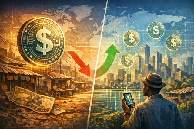Illustration of a digital dollar stablecoin network spreading across emerging-market currencies and payment systems