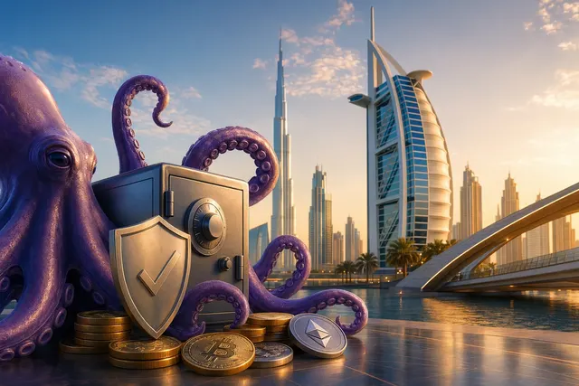 Illustration representing Kraken expanding crypto services in Dubai under VARA regulatory approval