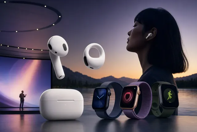 Editorial illustration of Apple’s September 2026 wearable announcements, including AirPods and Apple Watch