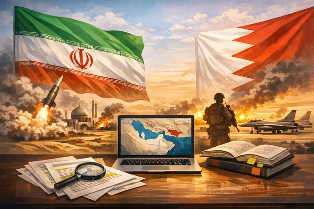 AI-generated editorial illustration of the Strait of Hormuz, with stylized military and diplomatic symbols representing the US-Iran conflict and the involvement of Gulf states.