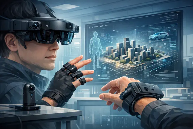 Illustration of a person wearing a multi-camera headset and hand sensors to capture embodied-AI training data for humanoid robots
