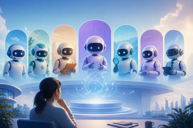 Editorial illustration representing Salesforce Agentforce AI agents working across enterprise teams