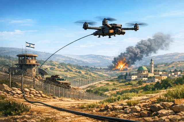 A fiber-optic cable-controlled FPV drone flying low over rugged terrain, illustrating Hezbollah's unjammable drone threat against Israeli forces in southern Lebanon