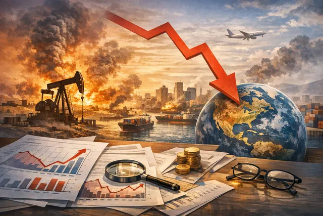 Stagflation infographic showing war-inspired inflation and slowing global growth in 2026