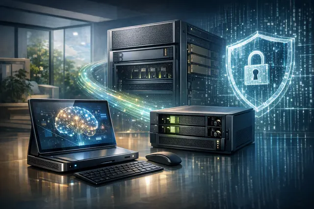 Illustration of Perplexity Portable Computer running a private AI agent locally on NVIDIA hardware