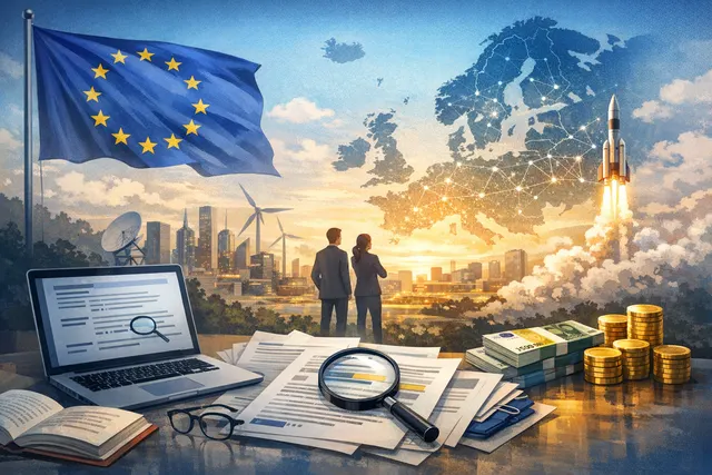 Abstract visualisation of EU funding flowing into late-stage technology companies, representing the European Tech Champions Initiative 2.0's €80 billion mobilisation target for AI,