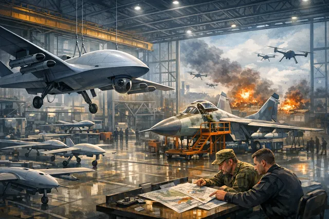 Conceptual illustration of a Russian drone swarm overshadowing grounded civilian airliners, symbolizing the tradeoff between military drone production and a collapsing civil aviati