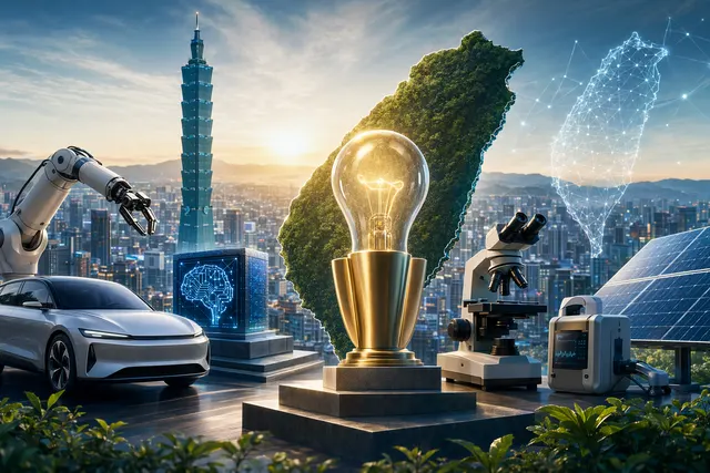 Editorial illustration representing Taiwan’s Edison Award–winning innovations in AI, medical devices, and sustainable materials