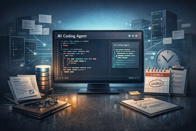 Illustration of an AI coding agent working in a terminal across multiple software files