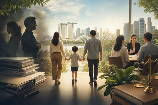 AI-generated editorial illustration about resolving unpaid family maintenance in Singapore