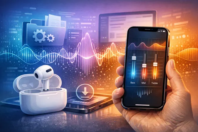 Concept render of Apple AirPods Pro with an equalizer waveform overlay, representing the new Custom EQ feature in iOS 27.