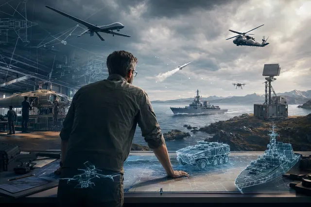 AI-generated editorial illustration representing defence technology prototyping and autonomous systems