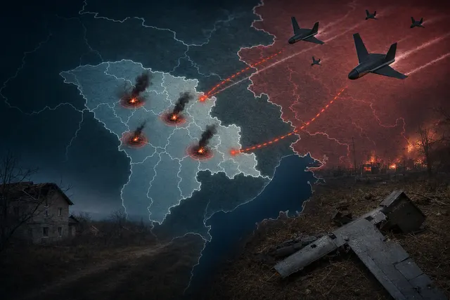 Editorial illustration depicting aerial weapons crossing Moldova’s border during the Russia-Ukraine war