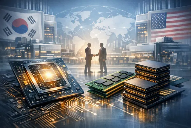 Illustration of AI accelerators connected to stacked high-bandwidth memory chips