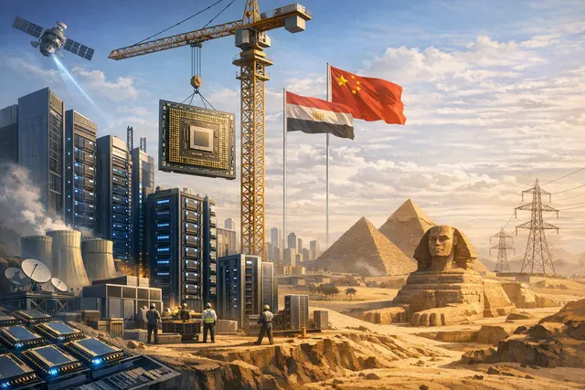 Illustration of Huawei and US AI infrastructure competing to build data centres in Egypt