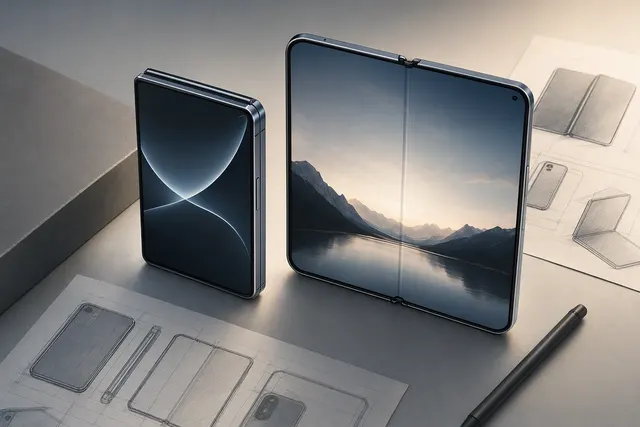 Editorial illustration of Apple’s iPhone Duo book-style foldable smartphone open and closed