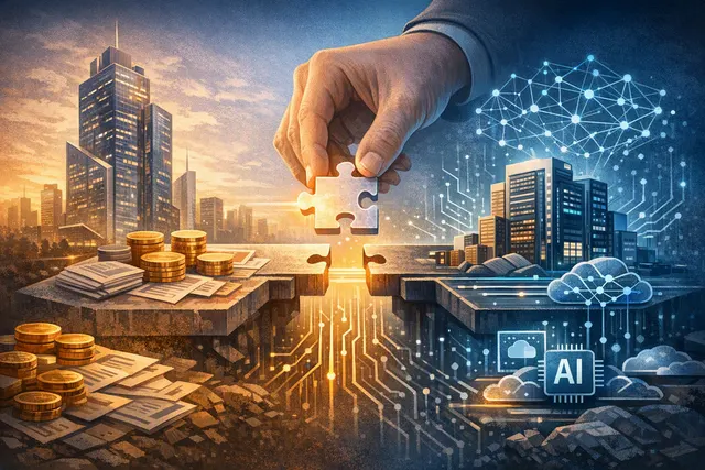 Abstract editorial illustration of AI model routing and financial infrastructure connecting multiple artificial intelligence models