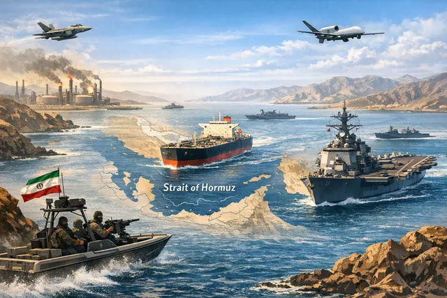 Aerial view of the Strait of Hormuz with commercial and naval vessels navigating a tense, divided shipping lane