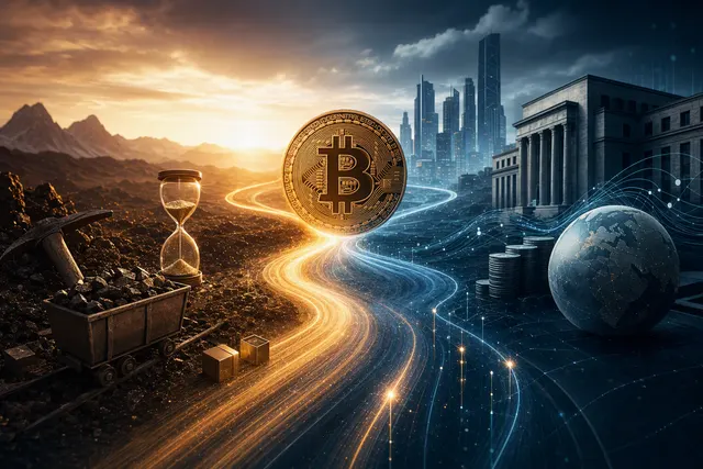 Editorial illustration of Bitcoin’s shift from halving-driven cycles to macroeconomic and institutional market forces
