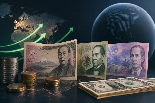 Editorial illustration of the Japanese yen, Mexican peso and Colombian peso strengthening against the US dollar