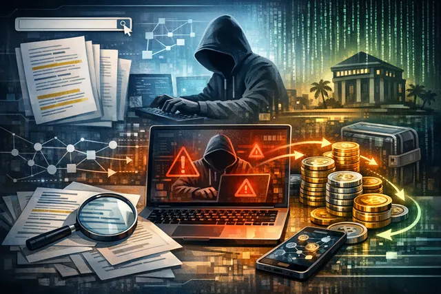Abstract visualization of a DeFi security breach showing a compromised laptop, blockchain network nodes, and cascading dollar signs representing the $40M Step Finance hack.