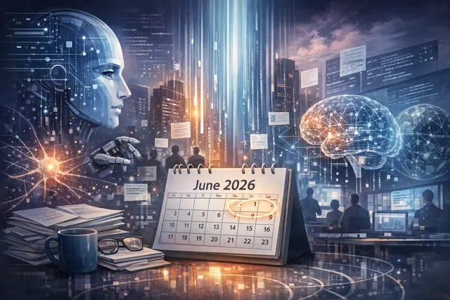 An abstract digital illustration representing the rapid pace of AI development, with glowing network nodes and data streams converging on a central futuristic core.