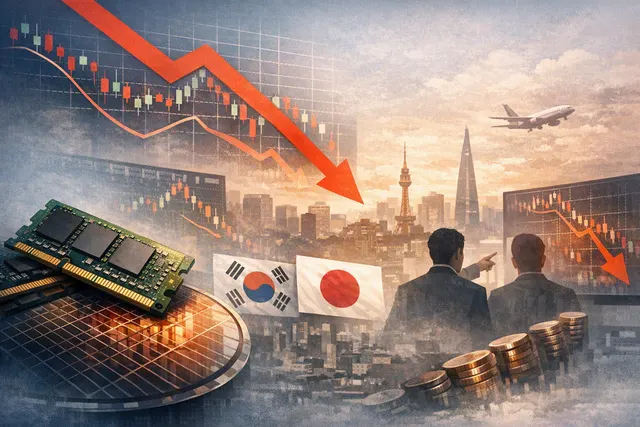 Illustration of Asian semiconductor stocks and technology indexes reacting to Nvidia earnings and interest-rate signals