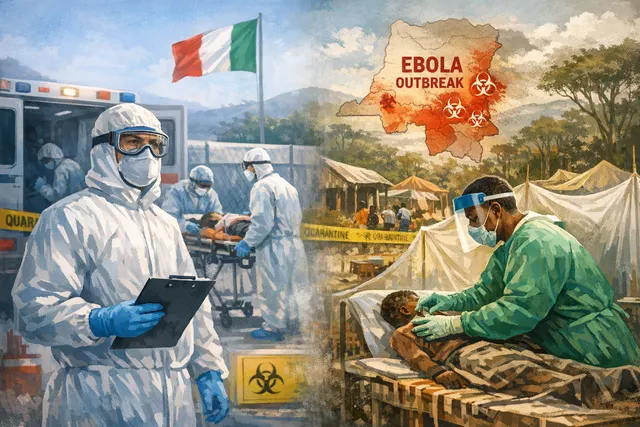 Italian health workers in full PPE conducting Ebola screening and isolation procedures at a hospital during the 2026 Bundibugyo outbreak scare