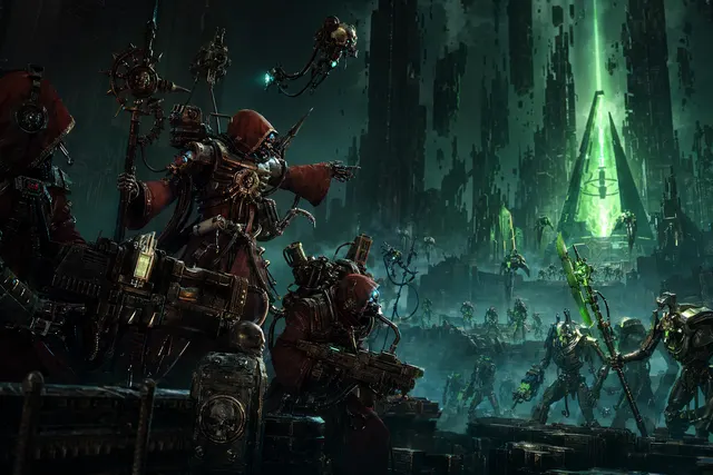 Warhammer 40,000 Mechanicus II themed artwork showing Adeptus Mechanicus forces confronting Necron warriors