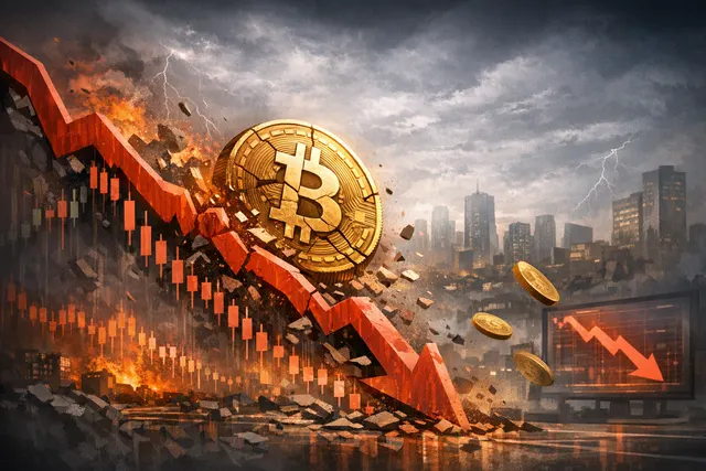 A downward spiraling 3D graph showing Bitcoin spot trading volume collapsing 81% from a peak, with a giant red bear and cracked Bitcoin coin symbolizing the market crash.
