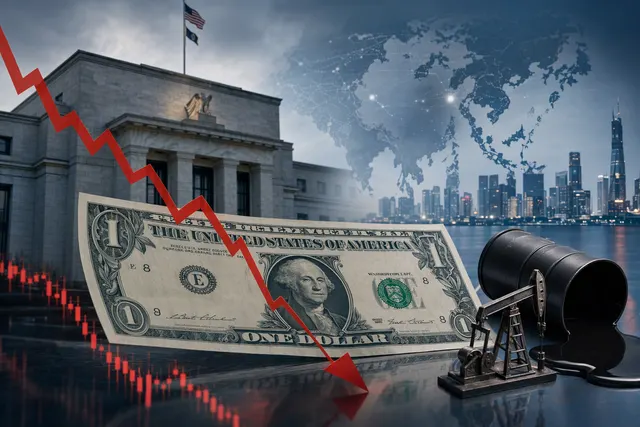 Editorial illustration for an article about the US dollar, Treasury yields, and oil prices