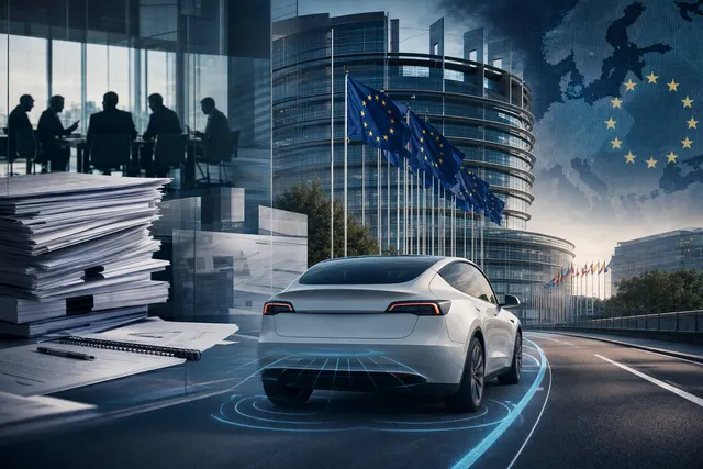 Editorial illustration representing Tesla’s driver-supervised FSD system and the debate over EU approval