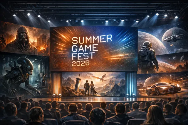 Editorial hero image for the Summer Game Fest 2026 stage and logo, representing the major video game announcements and reveals during the opening weekend.