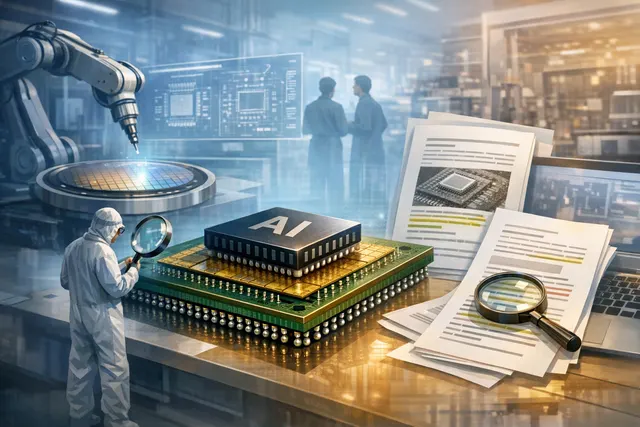 Abstract depiction of a semiconductor substrate with AI accelerator chip packaging, representing Samsung Electro-Mechanics FC-BGA production for Qualcomm AI200