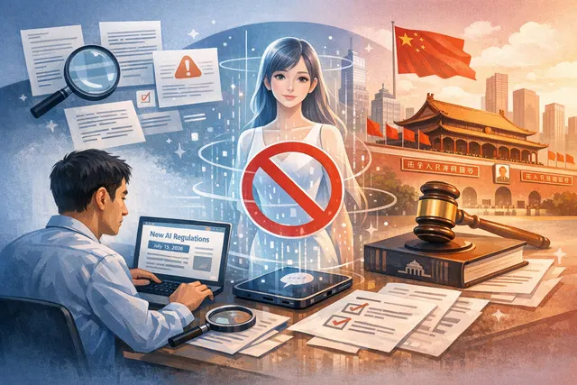 AI-generated editorial image representing China's regulation of AI romantic companion chatbots, featuring a smartphone with a chat interface and regulatory symbols