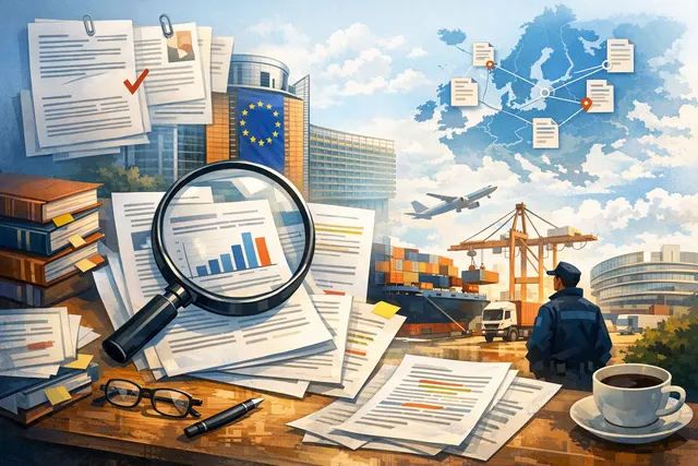 Illustration of a customs inspection checkpoint with parcels and shipping containers, symbolizing EU customs enforcement and import controls.