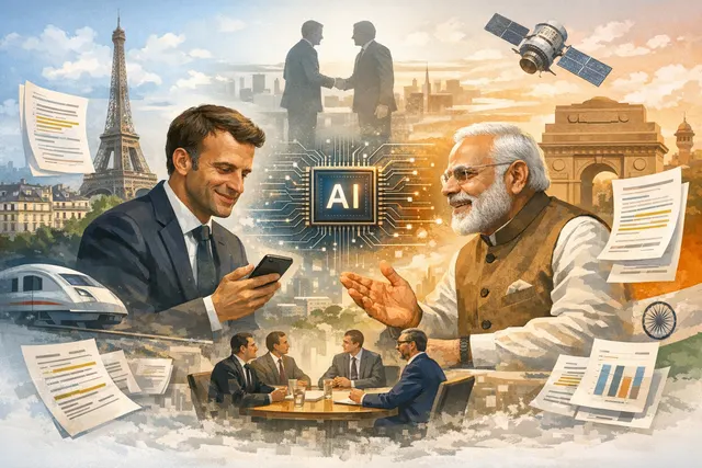 French President Emmanuel Macron and Indian Prime Minister Narendra Modi shaking hands at Bharat Innovates 2026 summit in Nice