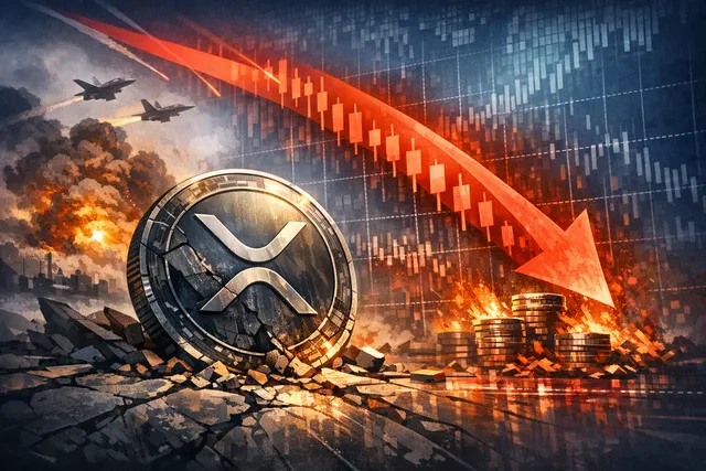 XRP price chart showing a sharp drop below $1.30 with technical indicator overlays, reflecting the crypto sell-off triggered by U.S.-Iran tensions on May 28, 2026.