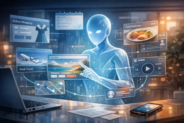 Illustration of Meta’s reported Hatch AI agent coordinating tasks across websites and apps
