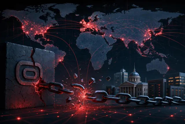 Editorial illustration representing a cybersecurity attack on enterprise software