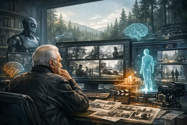 Martin Scorsese using an AI tool on a monitor for storyboarding a film scene, with a vintage camera in the foreground