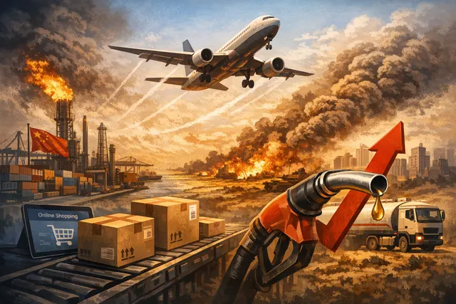 An editorial illustration showing a Shein-branded cargo plane flying toward a large European warehouse complex, symbolizing the shift from China-to-West air freight to regional Eur