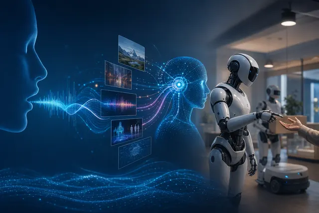 Illustration of voice AI, sound waves and a robot representing iFLYTEK’s move toward embodied multimodal interaction