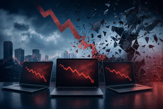 AI-generated editorial illustration accompanying coverage of Intel’s PC market warning and the Dell and HP share reaction