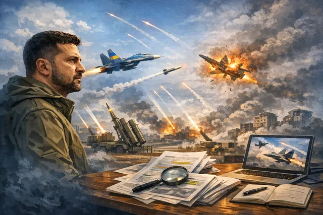 Warplanes and drones in a dramatic night sky scene representing Ukraine's aerial warfare campaign