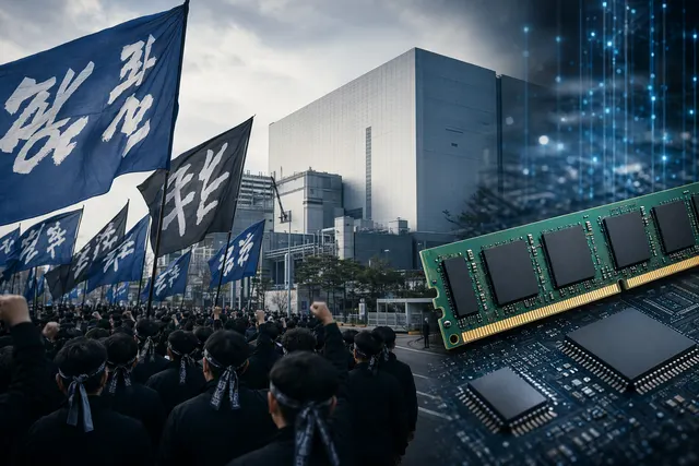 Illustration representing Samsung semiconductor factories and the impact of a labor strike on global memory chip supply