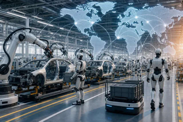 Editorial illustration of robots and workers in a modern automotive factory