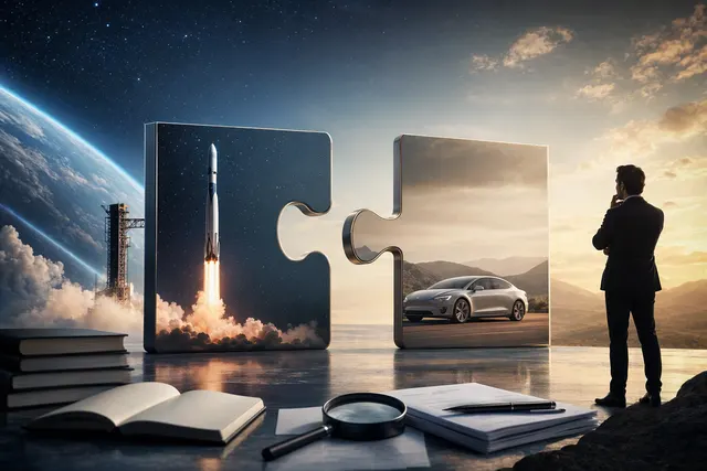 Illustration representing speculation about a possible SpaceX–Tesla combination, with spacecraft and electric-car imagery