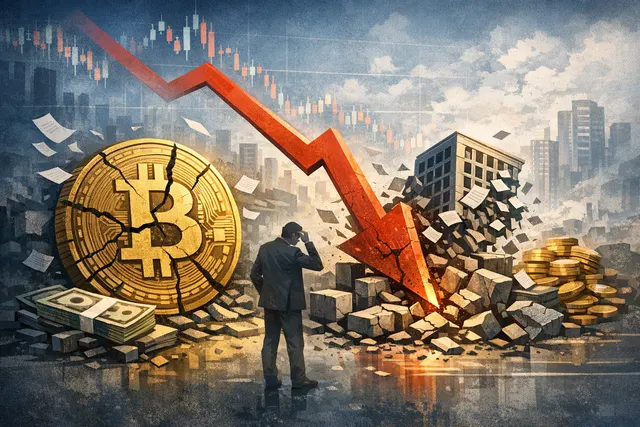 A collapsing graph representing the $62 billion Bitcoin treasury stock crash with corporate buildings crumbling in the background.