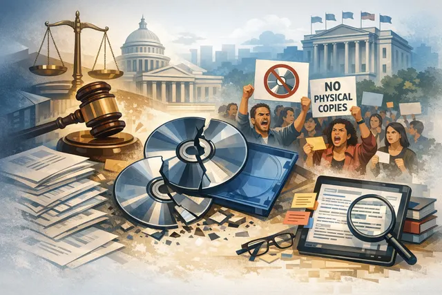 Sony PlayStation discs and digital download icon with legal documents and gavel in the background, illustrating the backlash against Sony's disc phaseout.